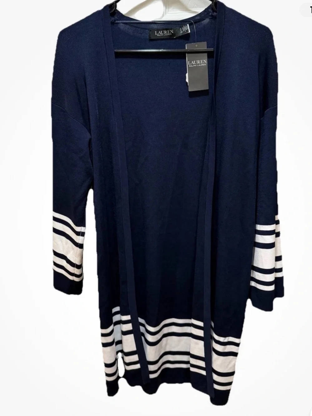 Lauren Ralph Lauren Open Cardigan Long SM Navy White Stripe Solid NWT MSRP $225 - Picture 11 of 15